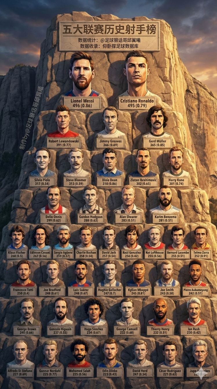 足球狠话哥独家：五大联赛历史射手榜