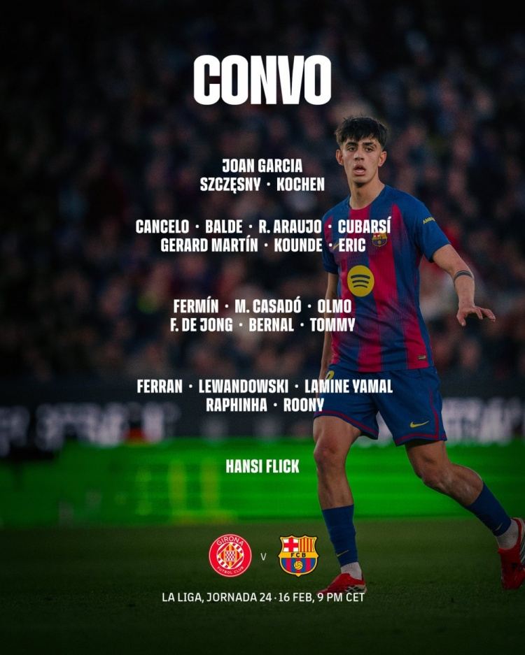 巴萨客战赫罗纳名单：拉菲尼亚回归，莱万、亚马尔、德容在列