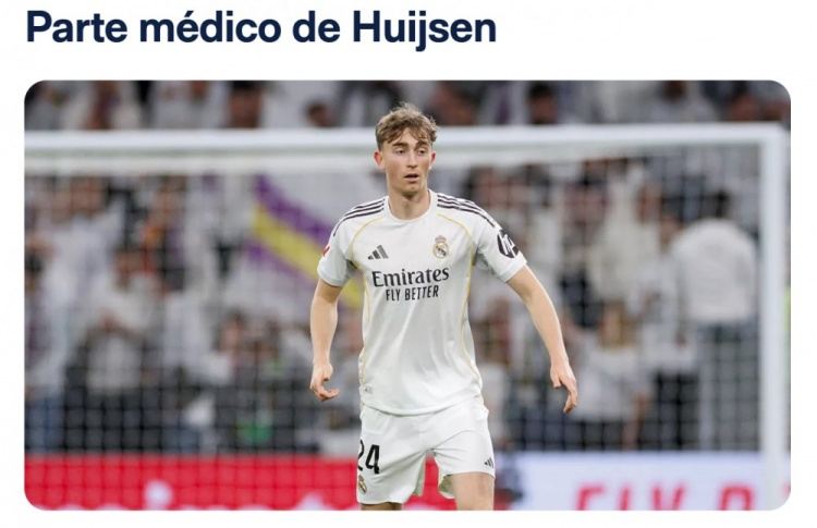 官方：皇马中卫赫伊森右小腿肌肉受伤 预计将缺席5-7天