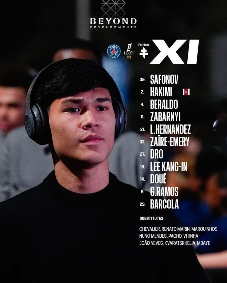 大轮换！巴黎VS梅斯首发：杜埃、李刚仁、德罗出战，k77替补