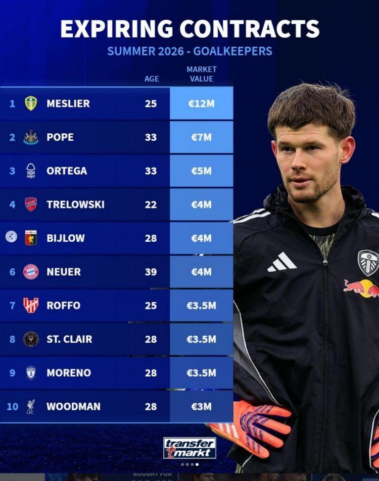 德转列今夏合同到期十大门将身价，梅斯利耶1200万欧居首