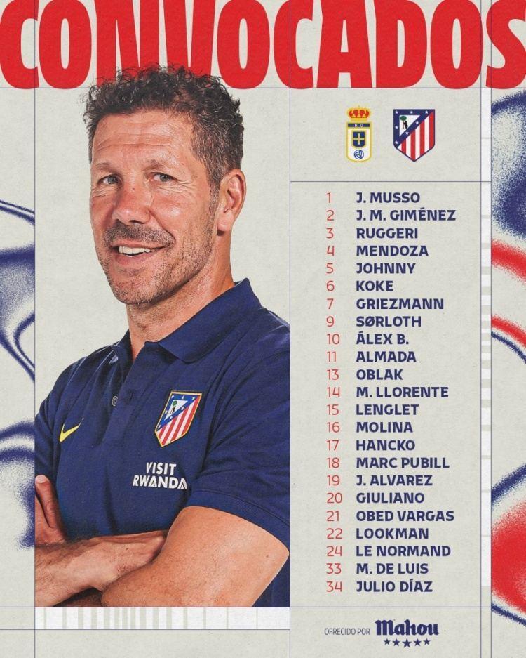 马竞客战奥维耶多大名单：阿尔瓦雷斯领衔锋线，瑟尔洛特在列