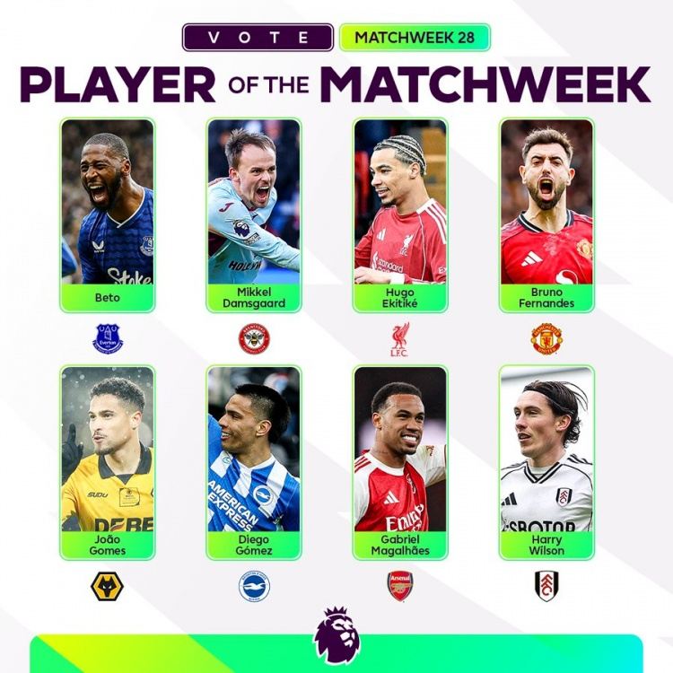 英超第28轮最佳球员候选：埃基蒂克、B费、加布里埃尔在列