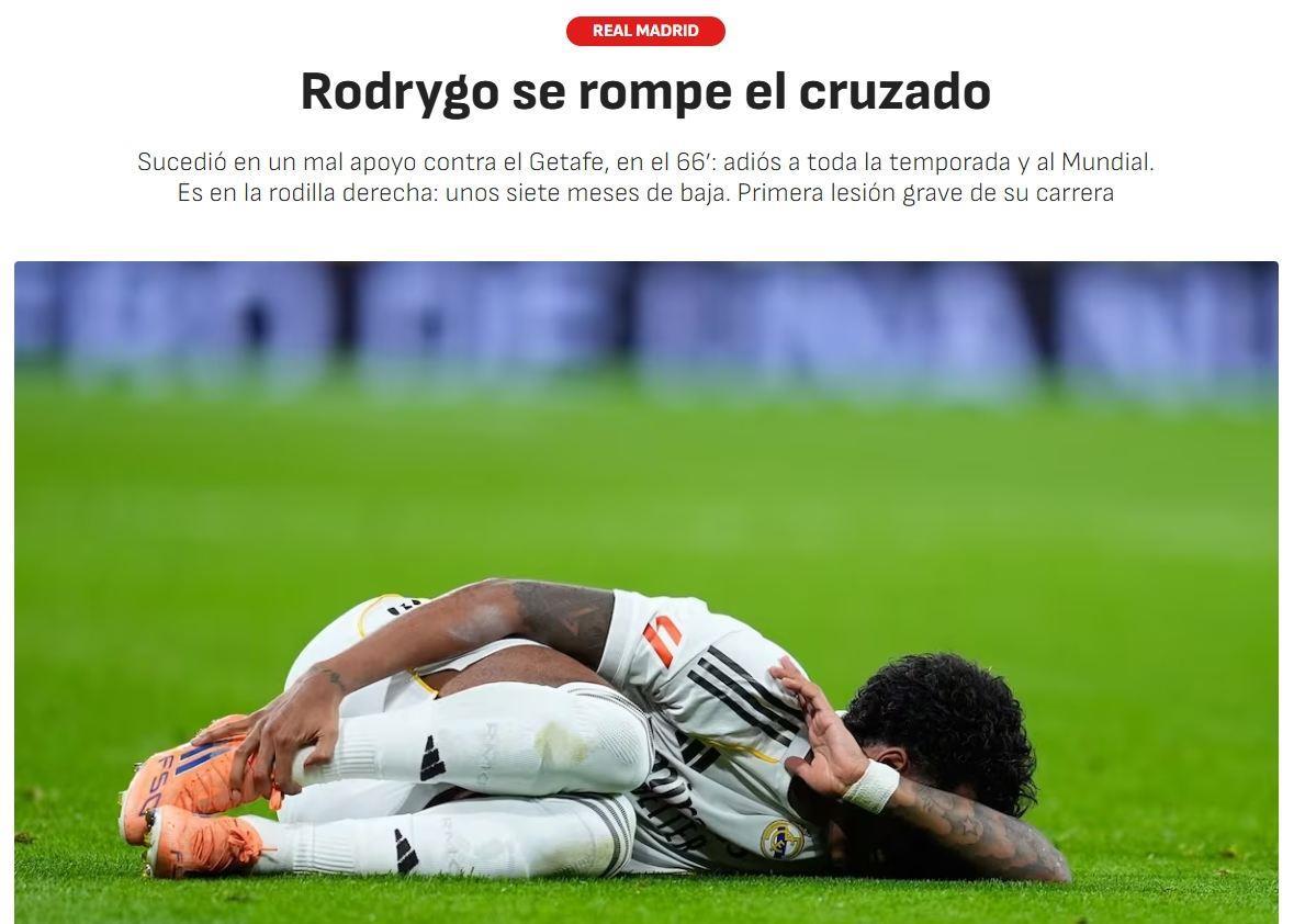 确定无缘世界杯！阿斯：罗德里戈十字韧带撕裂，预计伤缺7个月