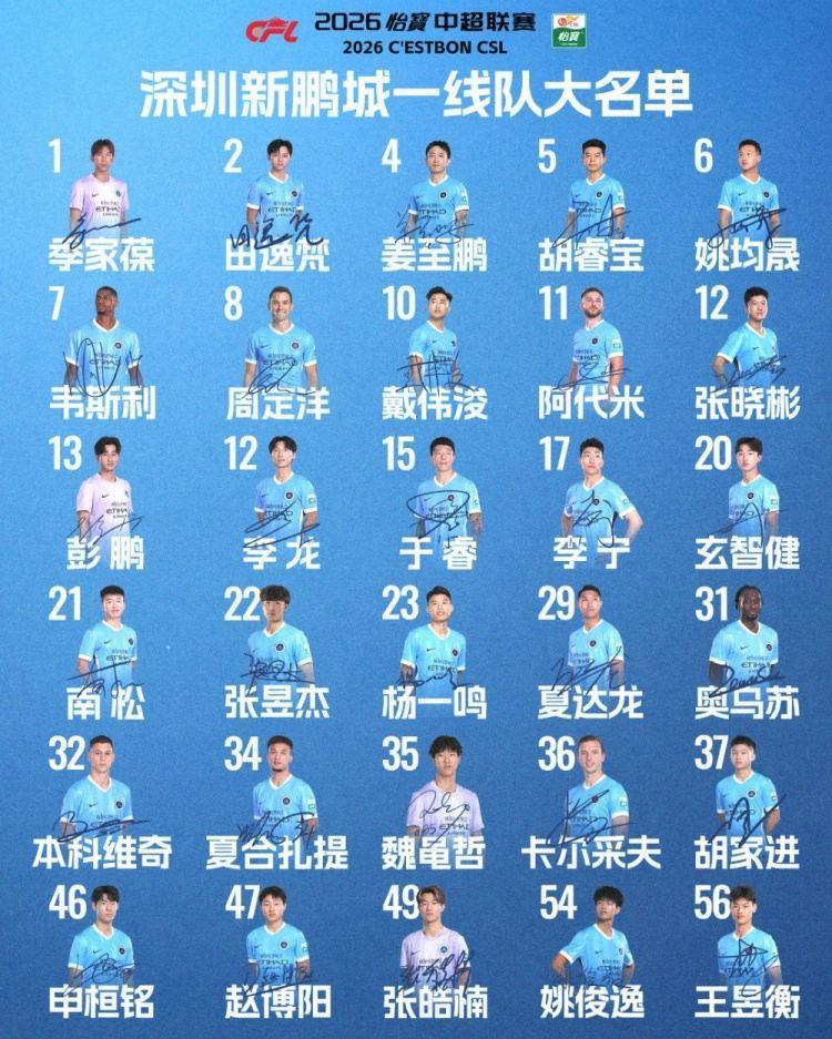 深圳新鹏城2026赛季一线队大名单