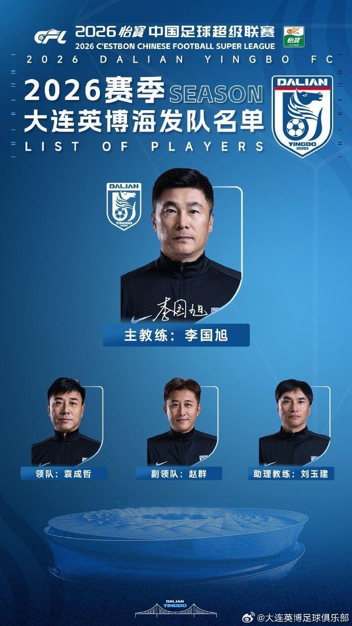 大连英博新赛季名单：斯坦丘10号、毛伟杰22号、阿奇姆彭30号