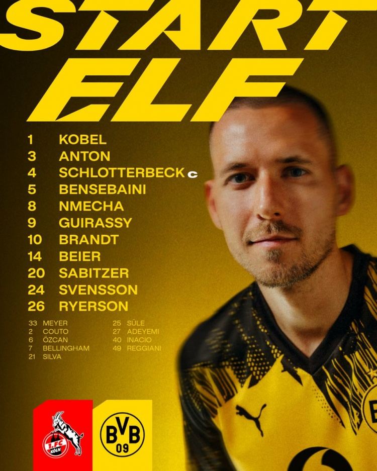 多特首发：施洛特贝克领衔，布兰特、萨比策出战，阿德耶米替补