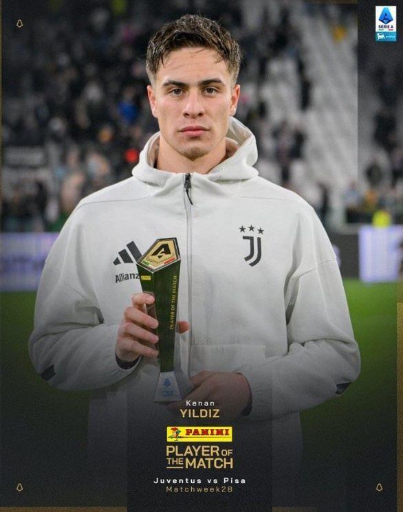 传射建功，意甲官方：伊尔迪兹当选尤文4-0比萨全场最佳球员