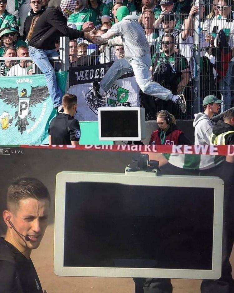 德乙蒙面球迷冲进球场拔掉VAR显示器电源插头，试图干扰裁判执法