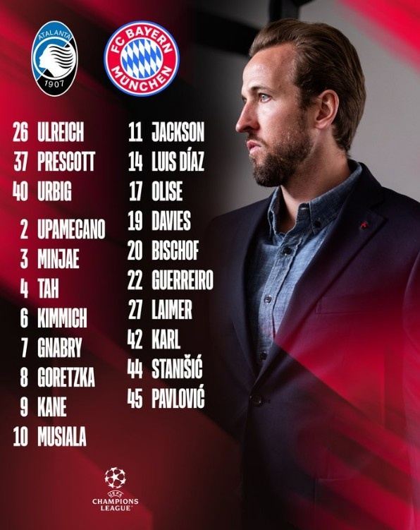 拜仁公布欧冠对亚特兰大名单：凯恩、奥利塞领衔，诺伊尔缺席