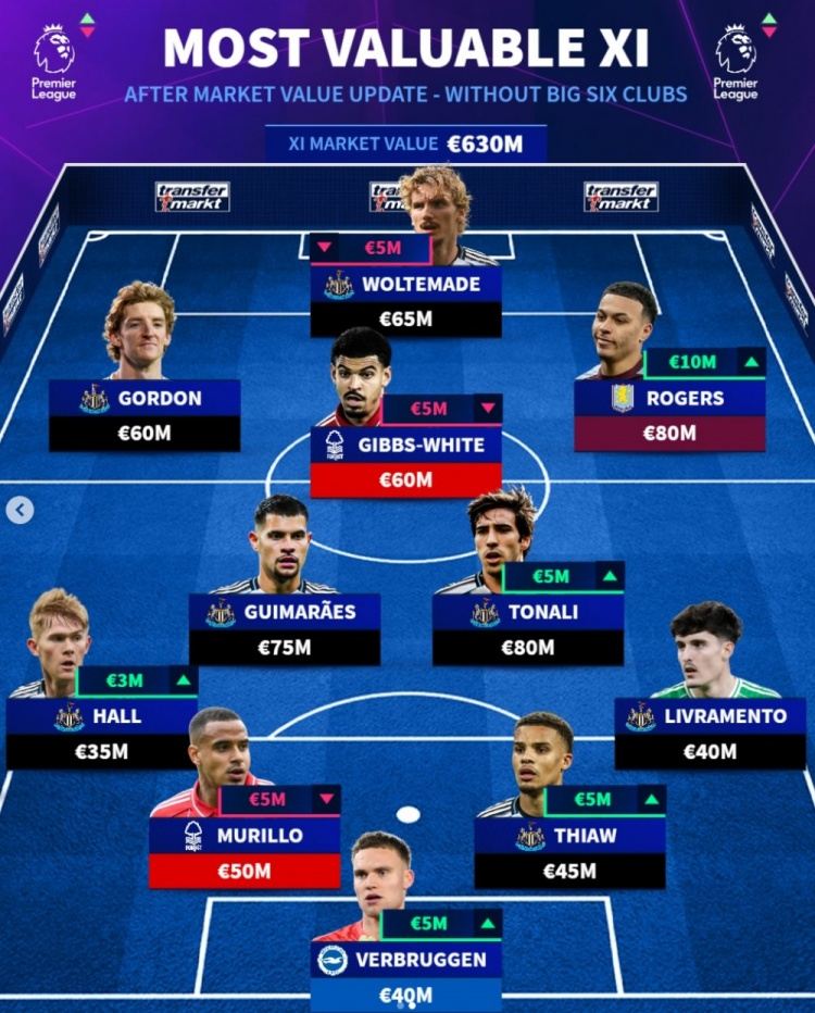 英超无big6球员身价最贵阵：托纳利、罗杰斯领衔，纽卡7人在列