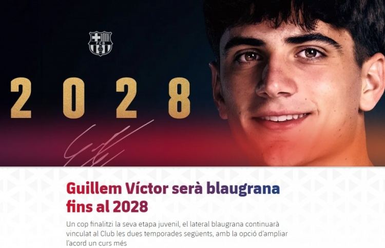 官方：巴萨与18岁边卫吉列姆·维克托续约至2028年 含延长1年条款