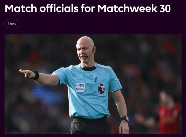 英超第30轮裁判：安东尼·泰勒执法曼联维拉 卡瓦纳执法红军热刺