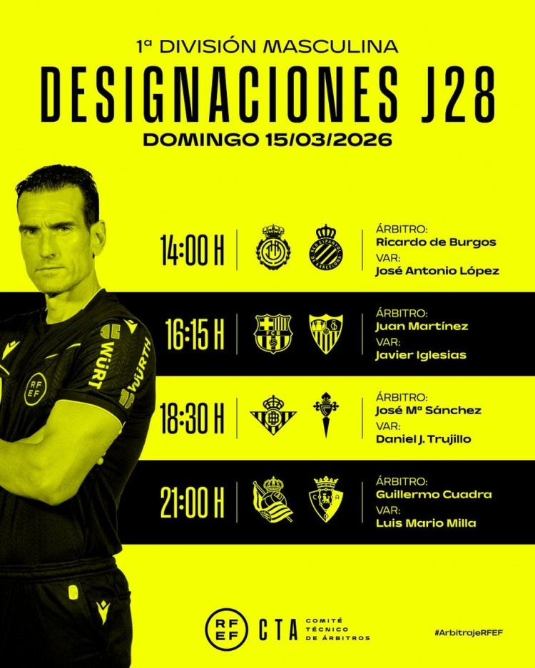 西甲明日比赛裁判安排：胡安·马丁内斯执法巴萨vs塞维利亚