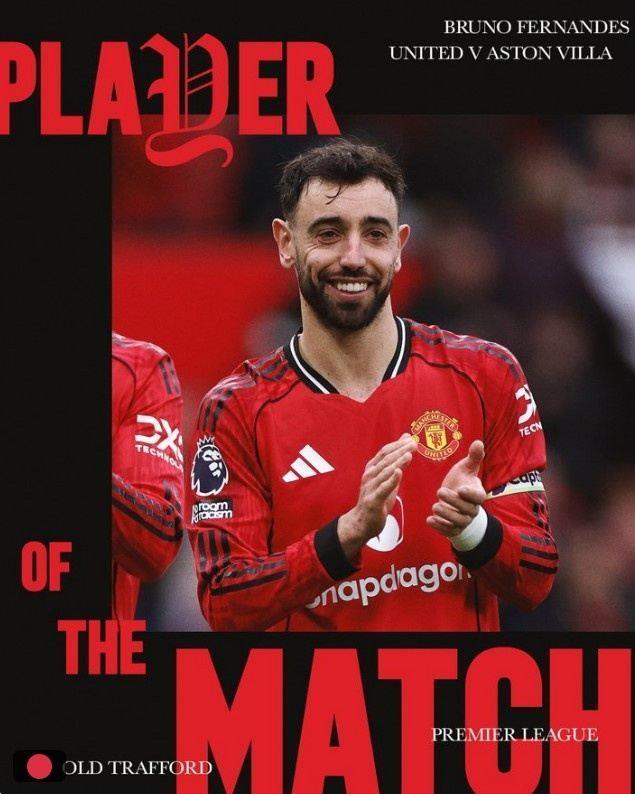 2次精彩助攻！曼联官方：B费当选本轮战胜维拉队内最佳球员