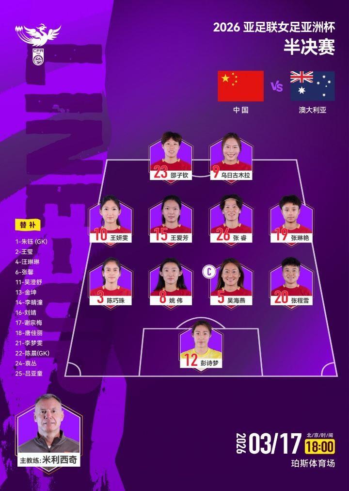 442！中国女足官方阵型：邵子钦、乌日古木拉突前，张琳艳居右