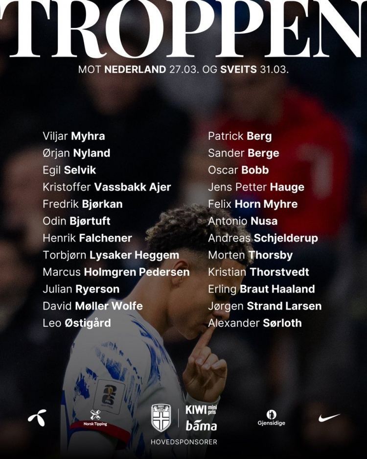 挪威队新一期名单：哈兰德、瑟尔洛特、海于格在列，厄德高伤缺