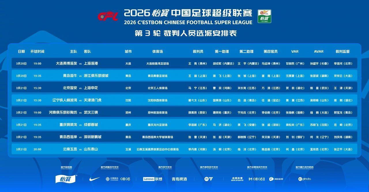 官方：马宁主哨国安主场vs申花，本轮中超裁判无麦麦提江、唐顺齐