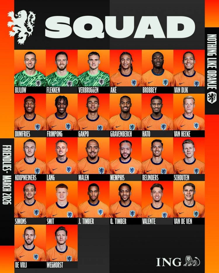 将战挪威厄瓜多尔！荷兰名单：范戴克领衔，库普梅纳斯、廷伯入选