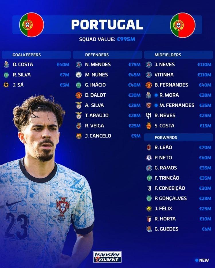 葡萄牙队总身价9.95亿欧，内维斯、维蒂尼亚1.1亿欧队内最高