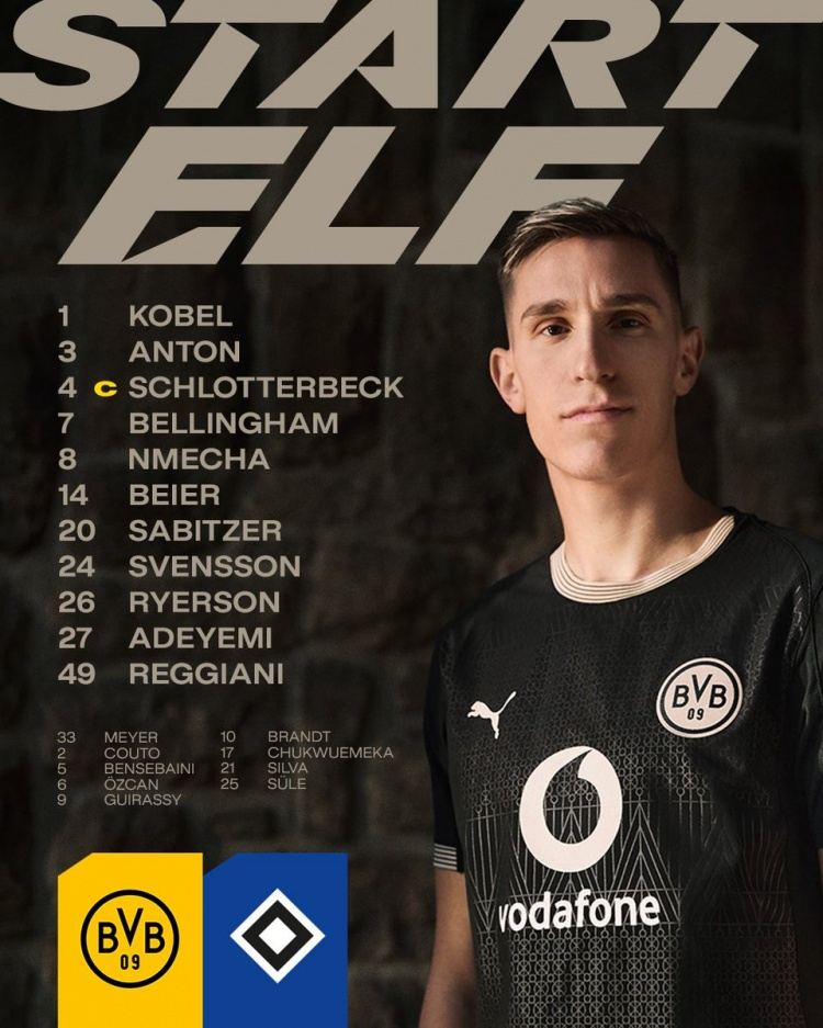 多特首发：施洛特贝克领衔，小贝林厄姆、阿德耶米、萨比策出战