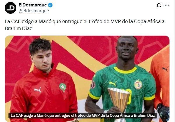 真实性存疑！网传非洲足联要马内归还非洲MVP奖杯，想颁给迪亚斯