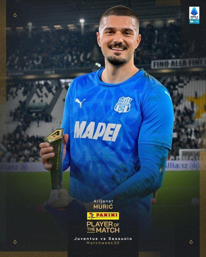 全场7次扑救，官方：萨索洛门将穆里奇当选1-1尤文全场最佳球员