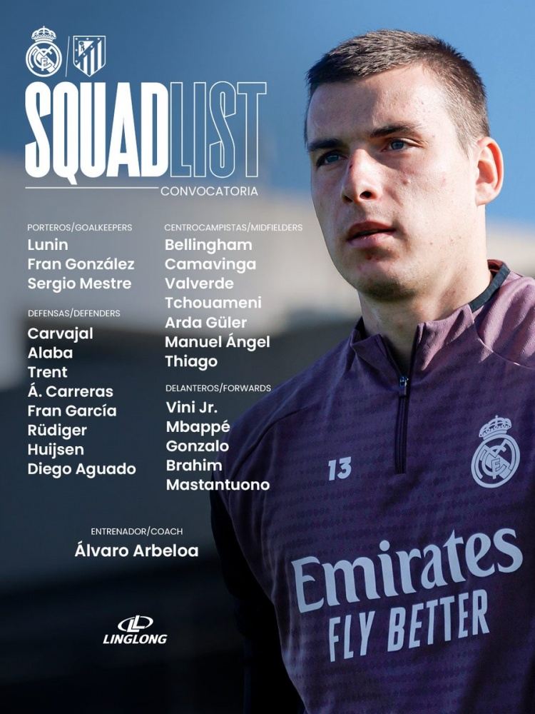 皇马德比战大名单：姆巴佩、贝林、卡雷拉斯在列，库尔图瓦伤缺