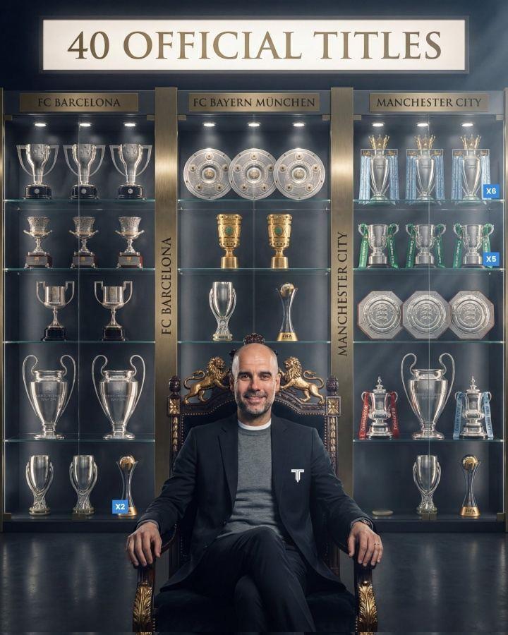 40冠教头!瓜帅获执教40冠：英超×6 联赛杯×5 世俱杯×4 欧冠×3