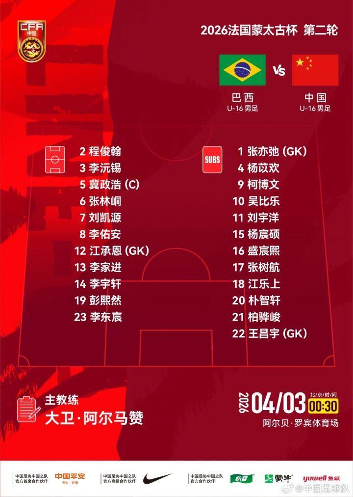 U16国少vs巴西U16首发：刘凯源、李佑安、李沅锡、彭熙然出战