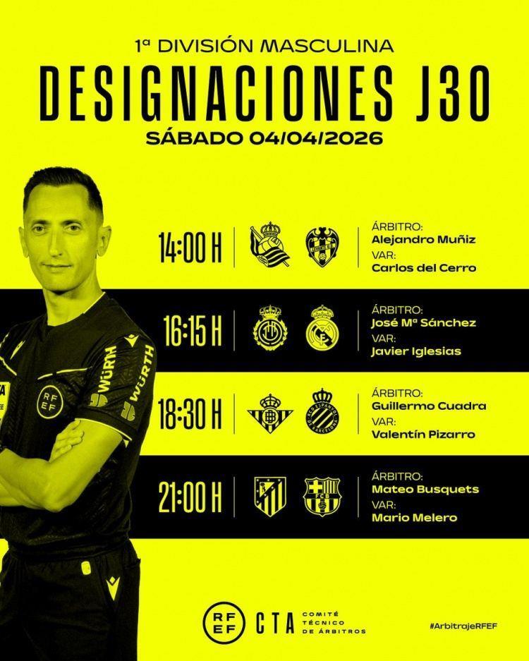 西甲明日比赛裁判安排：马特奥·布斯克茨执法马竞vs巴萨