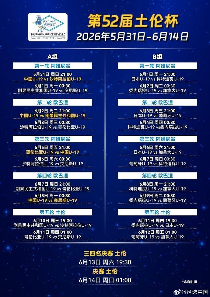 国青队土伦杯赛程：5月31日21点对阵沙特，前三轮均21点开球