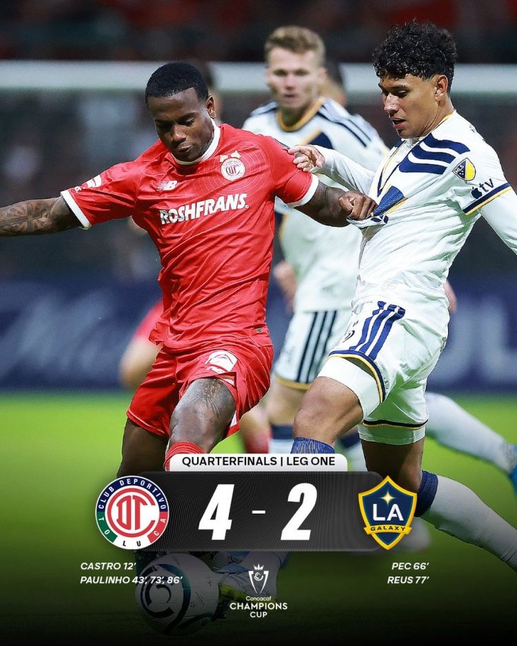 美冠杯洛杉矶银河客场2-4不敌托卢卡，罗伊斯传射难救主