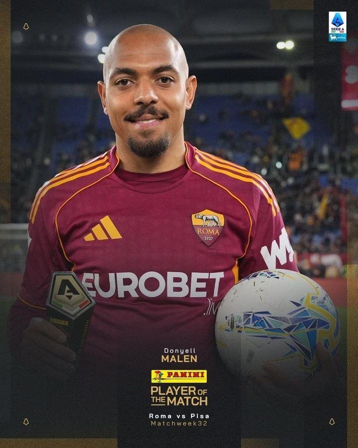 帽子戏法！意甲官方：27岁前锋马伦当选罗马vs比萨的全场MVP