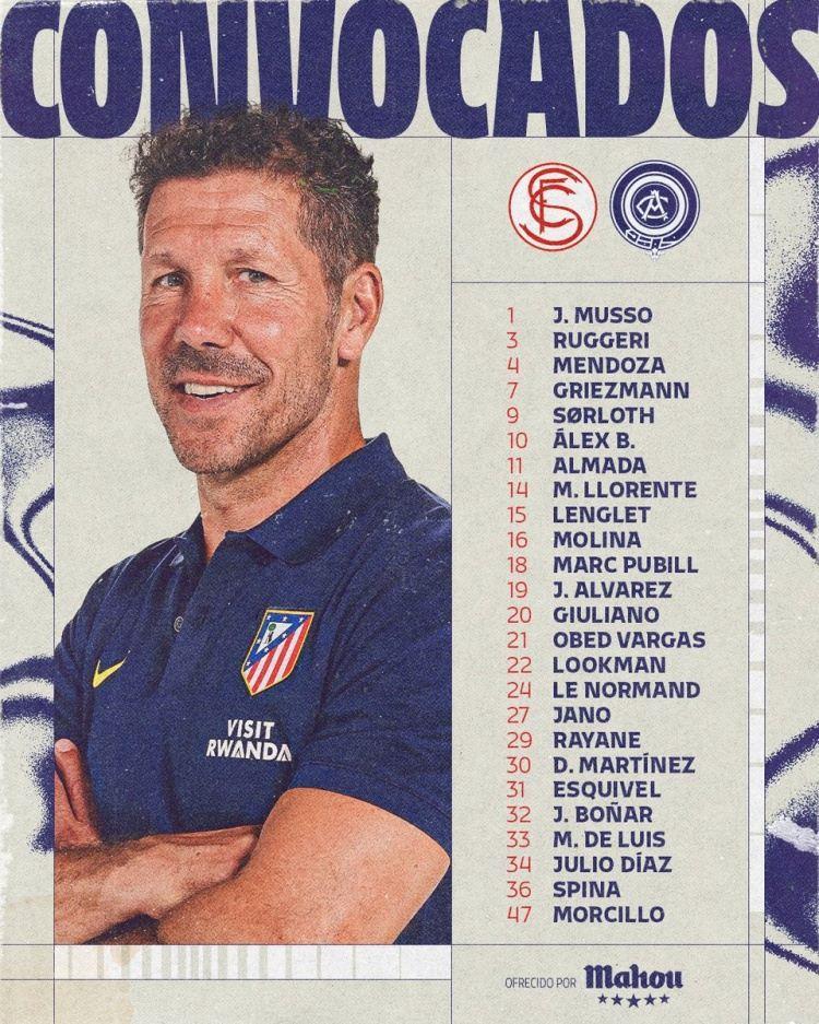 马竞对阵塞维利亚名单：小蜘蛛、格列兹曼在列，科克、汉茨科缺席