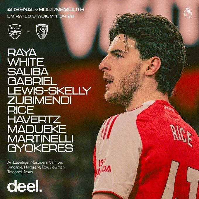 厄德高、萨卡均因伤缺阵，赖斯担任阿森纳vs伯恩茅斯队长