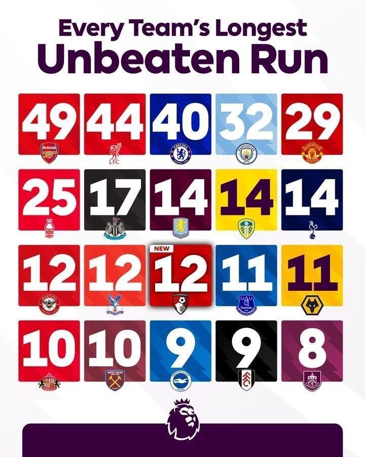 英超官方列各队最长不败：阿森纳49场仍居首，伯恩茅斯当前已12场