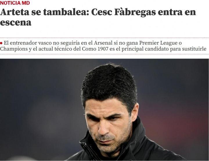 世体：若今年无冠阿尔特塔将下课，阿森纳高层看好法布雷加斯接班