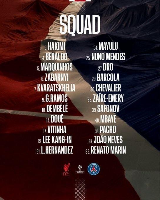 巴黎欧冠客战利物浦大名单：巴尔科拉复出 登贝莱、内维斯在列