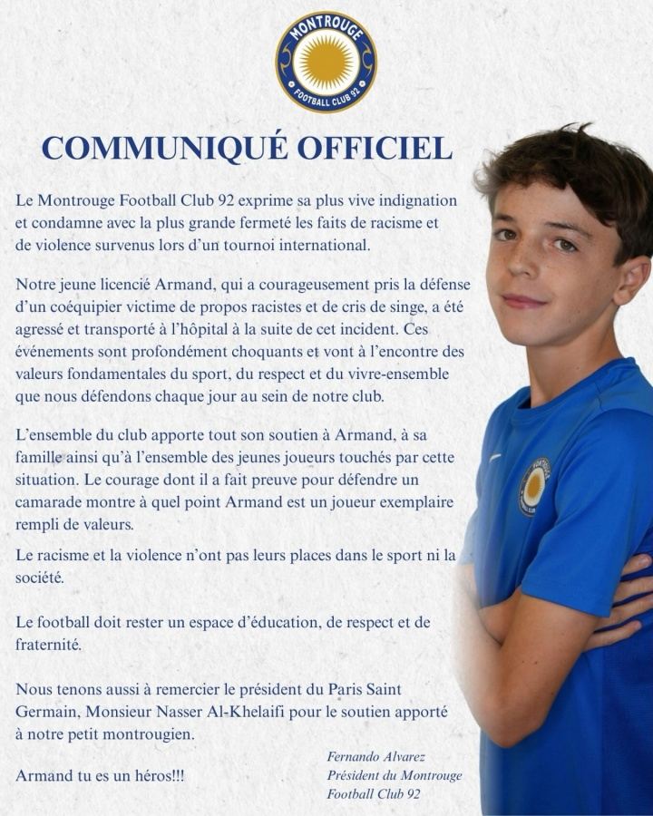 鼻骨骨折！队友遭遇种族歧视，13岁巴黎小将挺身而出被殴打送医