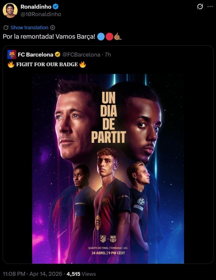 心系老东家，小罗转发巴萨、巴黎欧冠海报并送上祝福