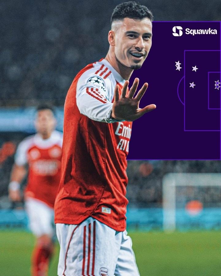 马丁内利单赛季欧冠已6球追平萨卡，队史仅次于7球的亨利