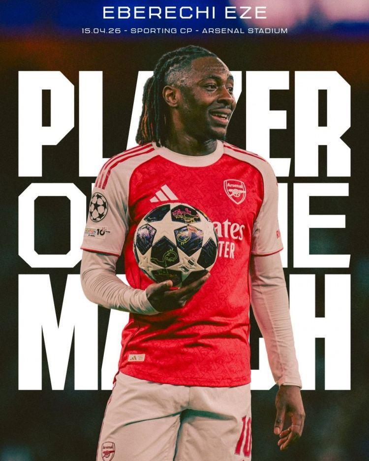 1次关键传球 2次抢断！埃泽当选本轮欧冠阿森纳队内最佳球员