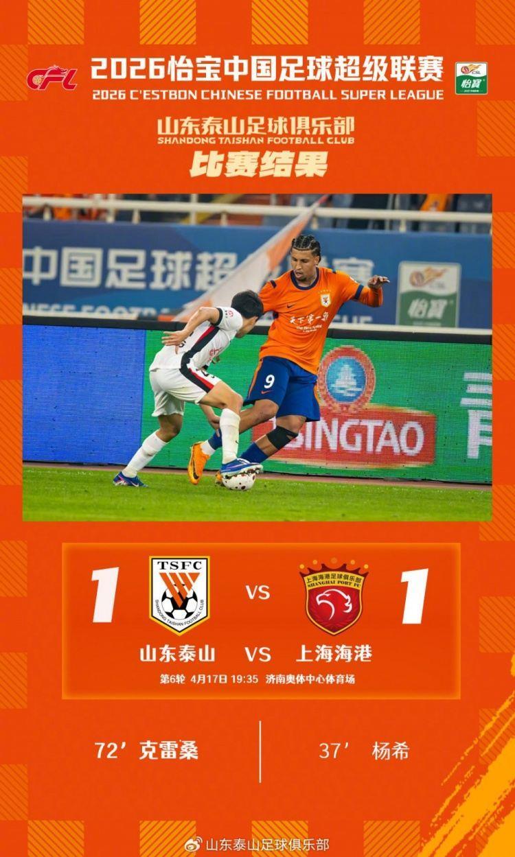 山东泰山主场1-1战平上海海港