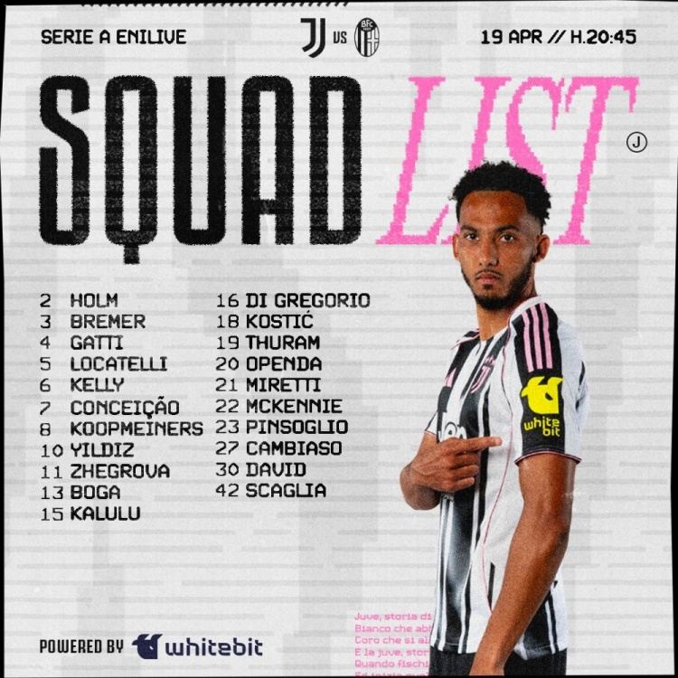 尤文主场战博洛尼亚大名单：伊尔迪兹领衔锋线，DV9米利克缺席