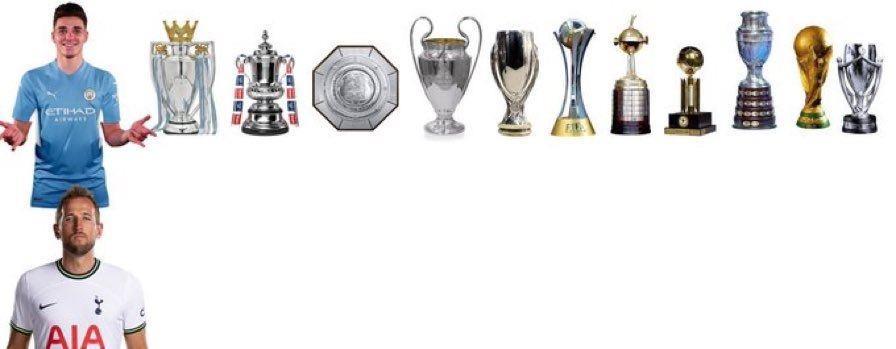 梗图好更新了！0冠凯恩去拜仁3年3冠 17冠阿尔瓦雷斯去马竞2年0冠