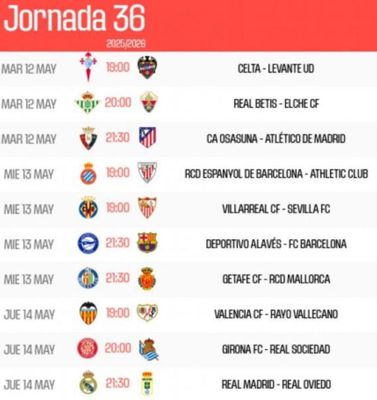西甲第36轮赛程：巴萨5月14日客战阿拉维斯 皇马15日主战奥维耶多