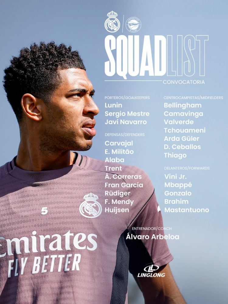 皇马对阿拉维斯名单：姆巴佩、维尼修斯在列，19岁门将纳瓦罗入选