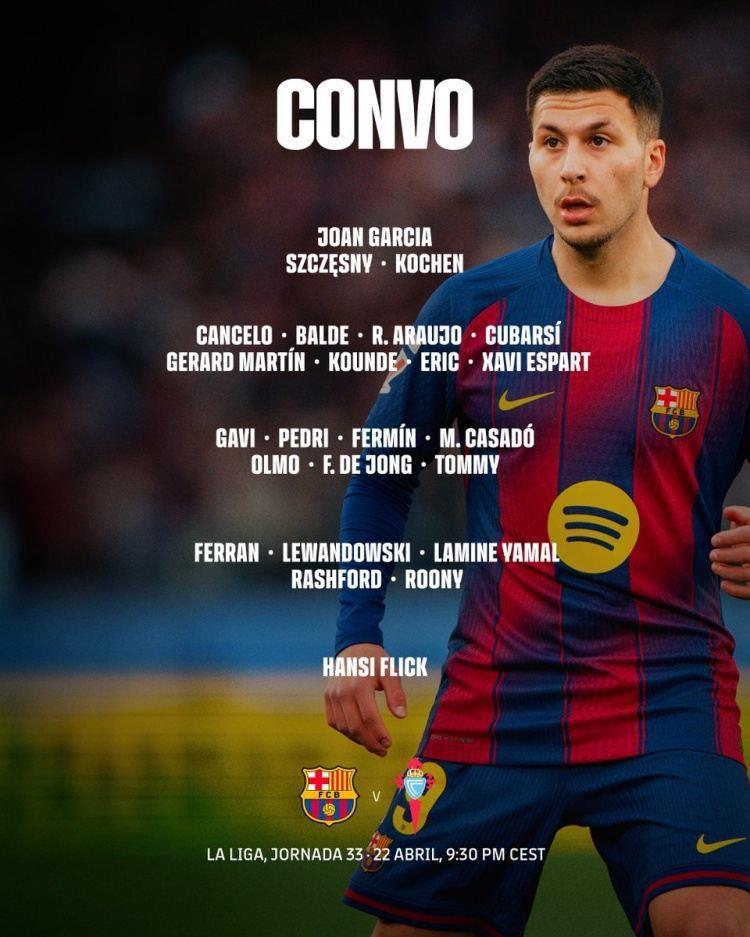 巴萨对阵塞尔塔大名单：莱万、亚马尔、德容在列，贝尔纳尔缺席