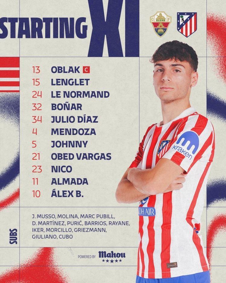 马竞首发：奥布拉克复出，格列兹曼替补，小蜘蛛、卢克曼缺阵